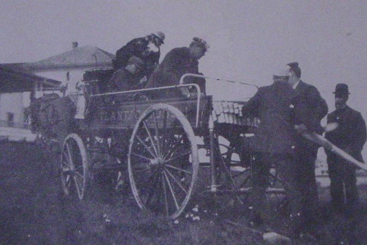 The Cape Porpoise hose wagon about 1906. The body from this horse-drawn wagon was later installed on a 1927 Chevrolet truck chassis. It was given to the Beachwood Hose Company at Goose Rocks Beach in the early 1930s