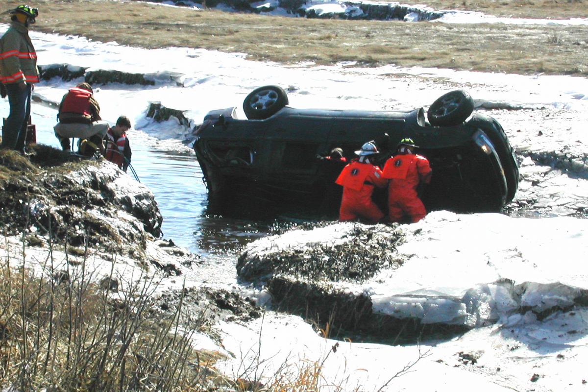 Feb. 2005: Kennebunkport Fire & KEMS personnel responded to a motor vehicle crash into the marsh at Goose Rocks Beach with the occupant trapped inside the partially submerged vehicle. Firefighters donned water rescue suits, entered the river and utilized the Jaws of Life to extricate the driver. 