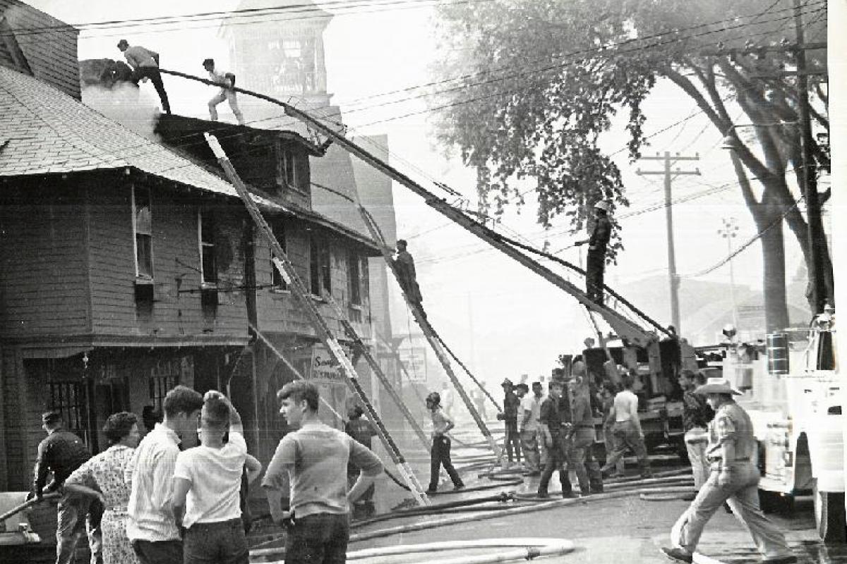 The Seagull Restaurant fire on Ocean Ave in the 1960's. A CMP boom truck was commandeered to access the roof. 